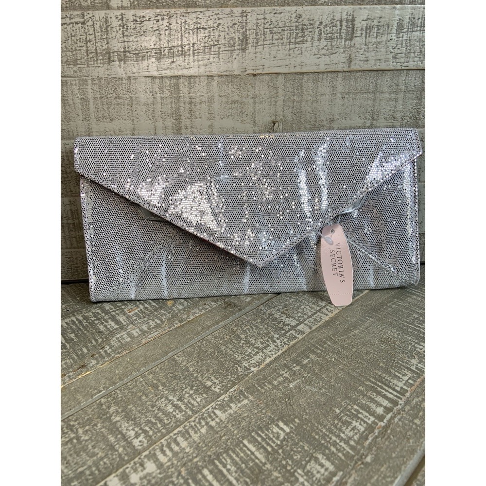 Victoria's Secret Silver Glitter Pink Lined‎ Envelope Clutch Evening Handbag NWT